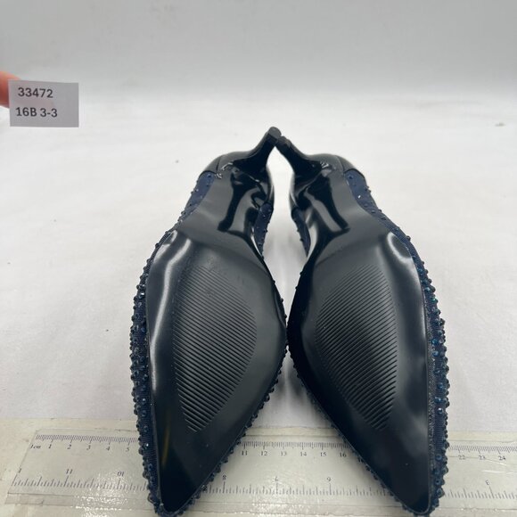 XYD Navy Pointed Toe Slip On Mesh Pumps Rhinestone Studs Comfy Kitten Heels Shoe - Picture 7 of 8